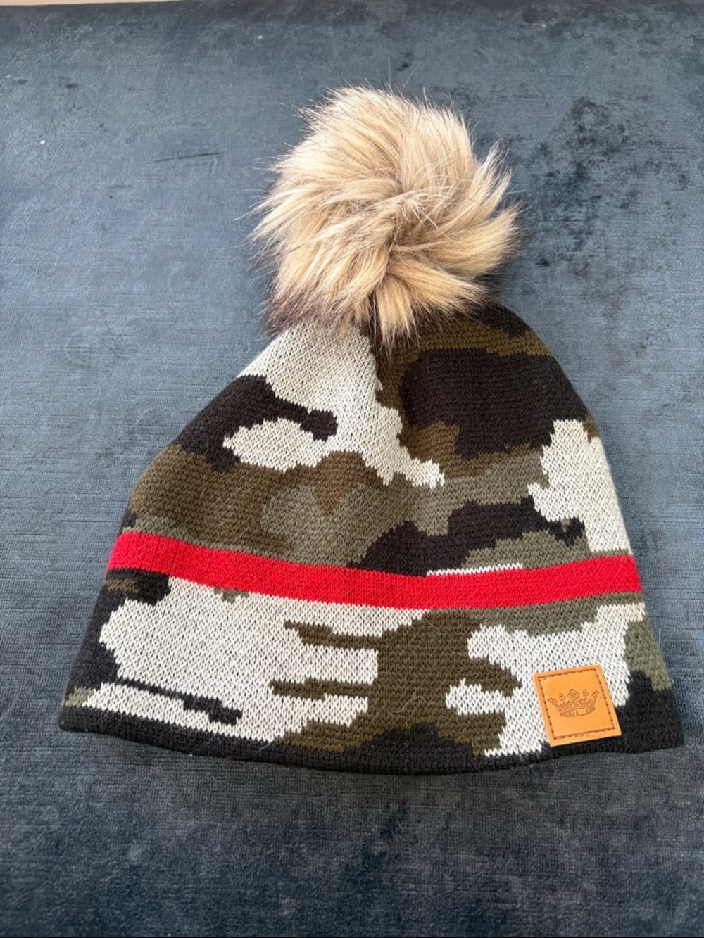 Camo Knit Pom Beanie with Red Stripe